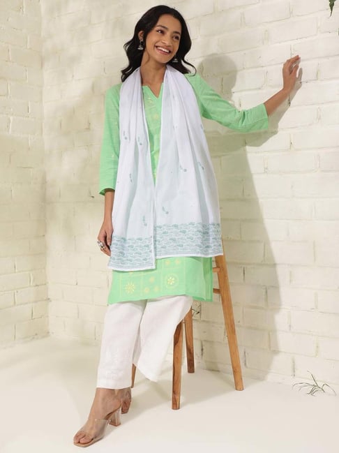 Fabindia White Cotton Embroidered Stole-picture-23