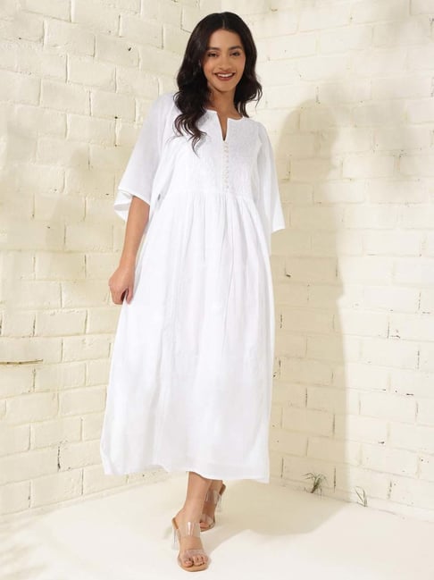 Fabindia White Cotton Embroidered A Line Dress