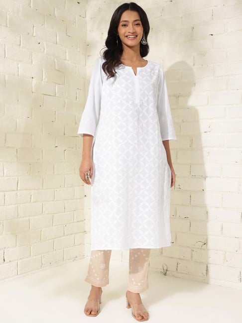 Buy Fabindia White Cotton Embroidered Straight Kurta for Women Online Tata CLiQ