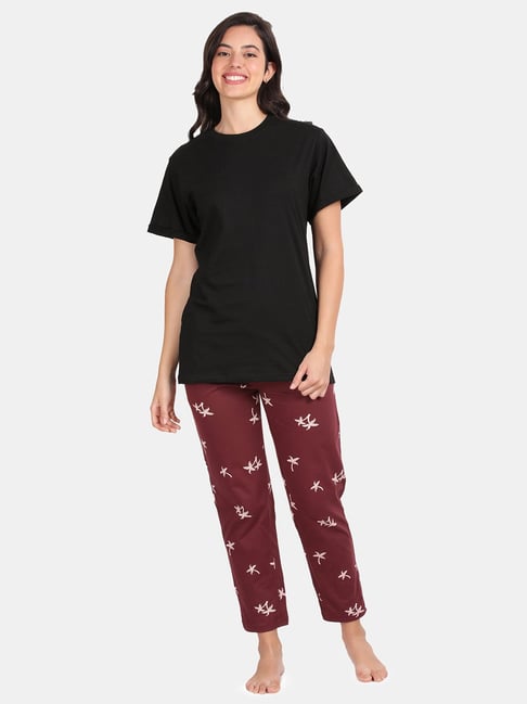 Kryptic Maroon & Black Cotton Printed T-Shirt With Pyjamas-picture-43
