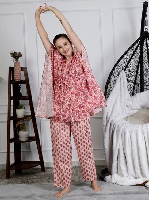 NEUDIS Pink Cotton Floral Print Kaftan With Pants-picture-12