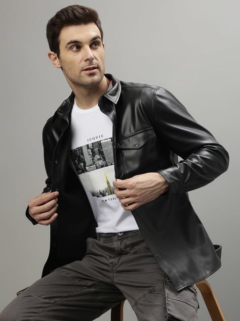 Iconic Men Solid Regular Fit Leather Jacket