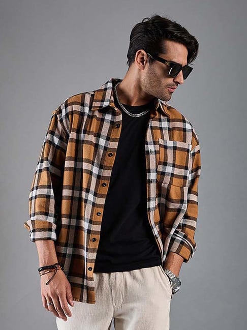 CHIMPAAANZEE Black & Brown Loose Fit Check Oversized Shirt-picture-32