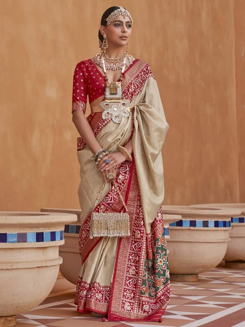 Elora Beige & Red Woven Saree With Unstitched Blouse-picture-32