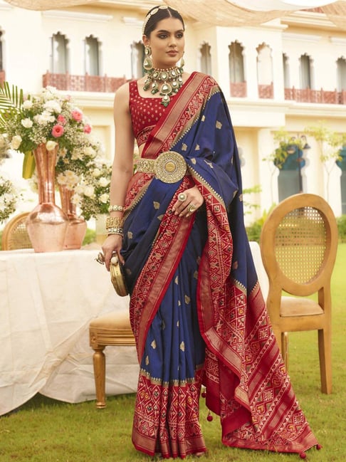 SHUBHKALA Navy Silk Woven Saree With Unstitched Blouse