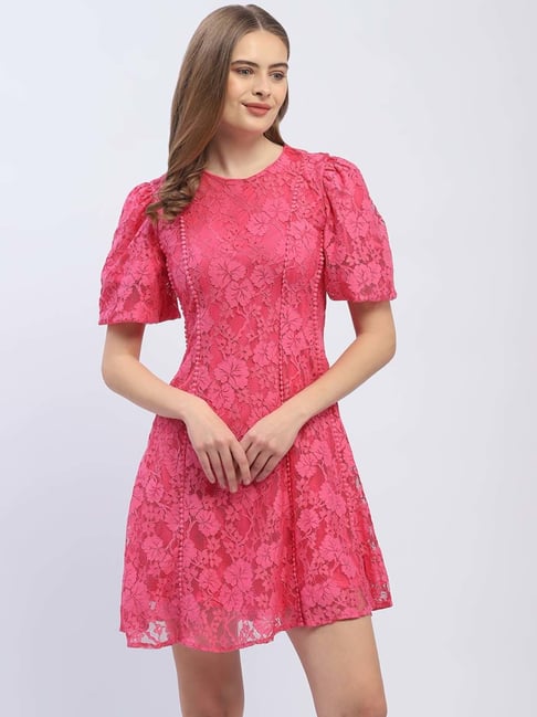 Buy MADAME Hot Pink Lace Work A-Line Dress for Women Online Tata