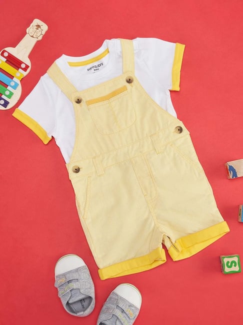 Pantaloons Baby Yellow & White Cotton Striped Dungaree Set-picture-11