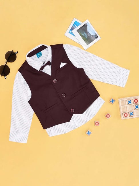 YU by Pantaloons Kids Maroon & White Regular Fit Full Sleeves Shirt Set