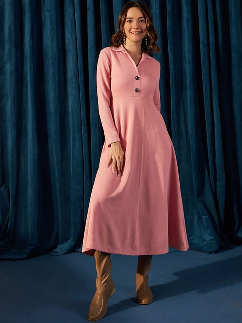 Buy KASSUALLY Light Pink Relaxed Fit Midi Dress for Women Online