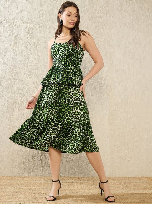 KASSUALLY Black Green Printed Midi Dress