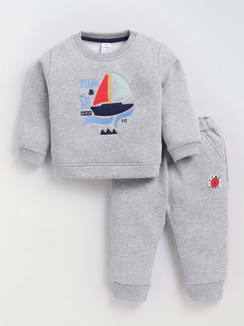 Dollar Kids Grey Melange Embroidered Full Sleeves T-Shirt with Joggers-picture-14