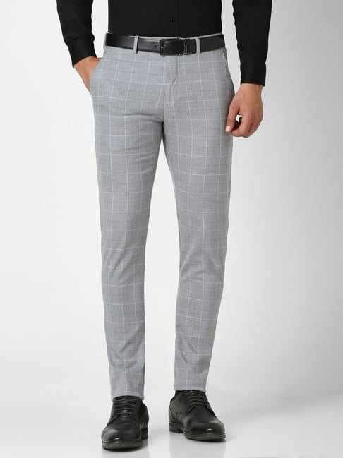 Buy Peter England Grey Slim Fit Checks Trousers for Mens Online