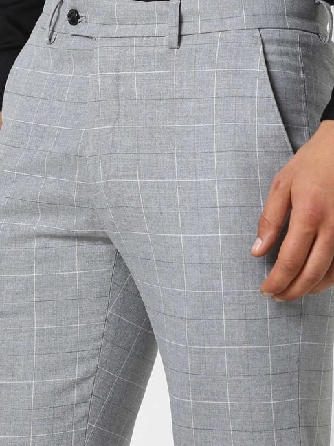 Buy Peter England Grey Slim Fit Checks Trousers for Mens Online