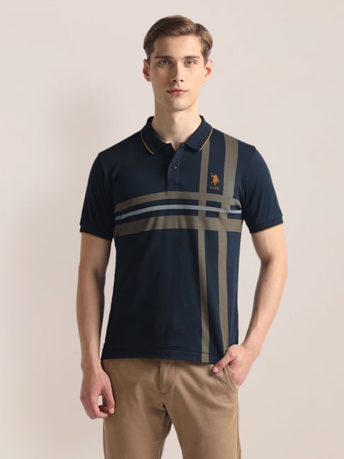 Buy U.S. Polo Assn. Navy Cotton Slim Fit Striped Polo T-Shirt for