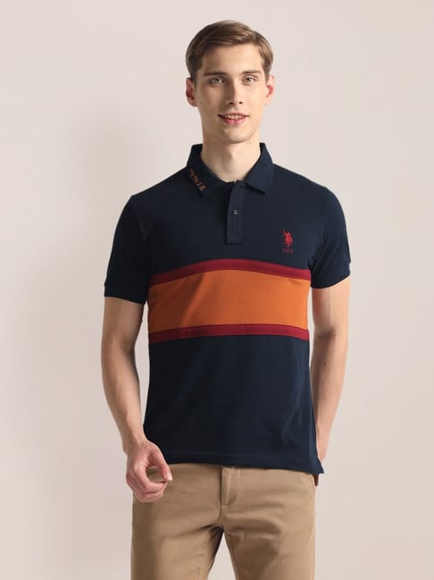 Polo Navy Cotton Slim Fit Colour Block Polo T-Shirt