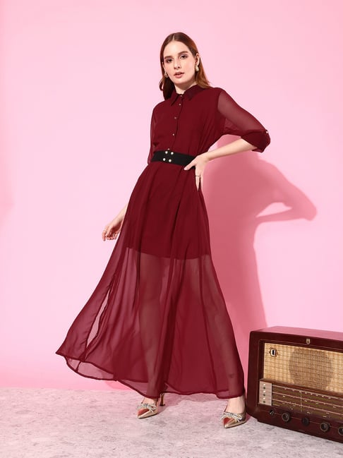 Anvi Be Yourself Maroon Regular Fit Maxi Dress With Belt