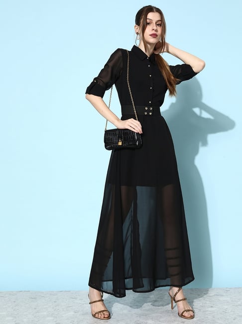 Anvi Be Yourself Black Regular Fit Maxi Dress With Belt