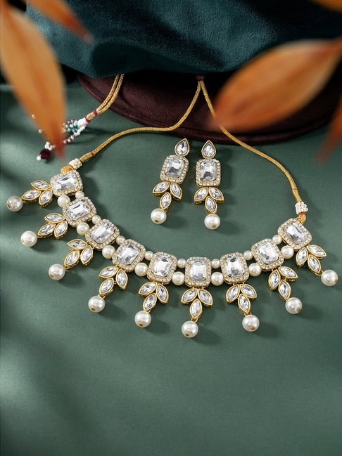 Peora White Gold-Plated Kundan Choker Earrings Set-picture-25