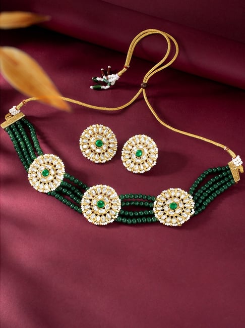 Peora Green Gold-Plated Kundan & Beads Choker Earrings Set-picture-12