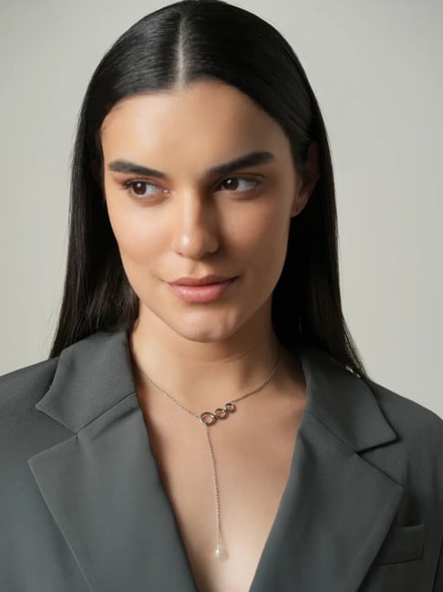 Mabel 92.5 Sterling Silver Rhodium-Plated Halo and Pearl Drop Lariat Necklace