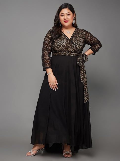 Buy Miss Chase A+ Black Beige Lace Maxi Dress for Women Online