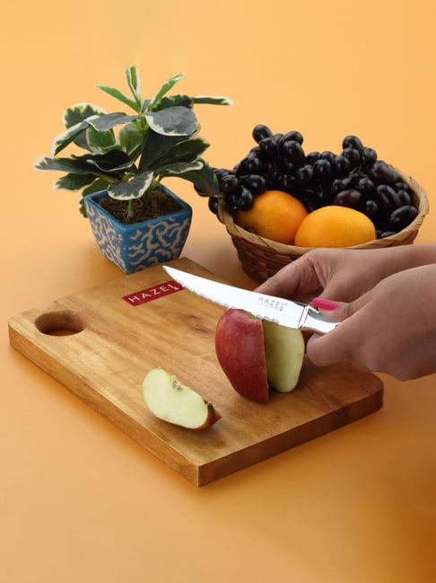 HAZEL Silver & Beige Neem Wood Chopping Board with knife - Set of 2