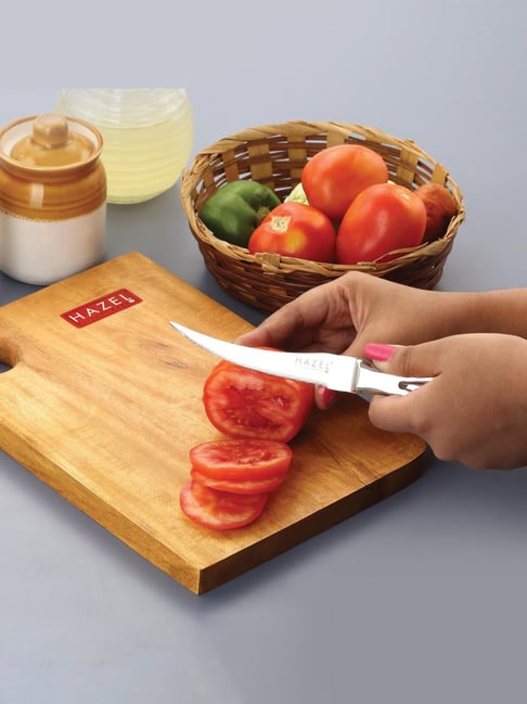 HAZEL Silver & Beige Neem Wood Chopping Board with knife - Set of 2