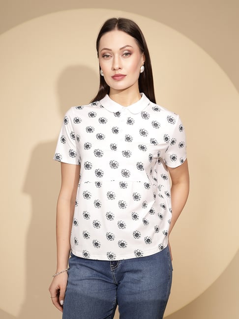 Global Republic White Floral Print Polo T-Shirt-picture-45