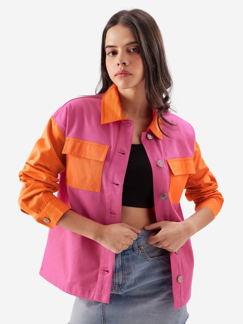 The Souled Store Pink Orange Cotton Color-Block Shacket