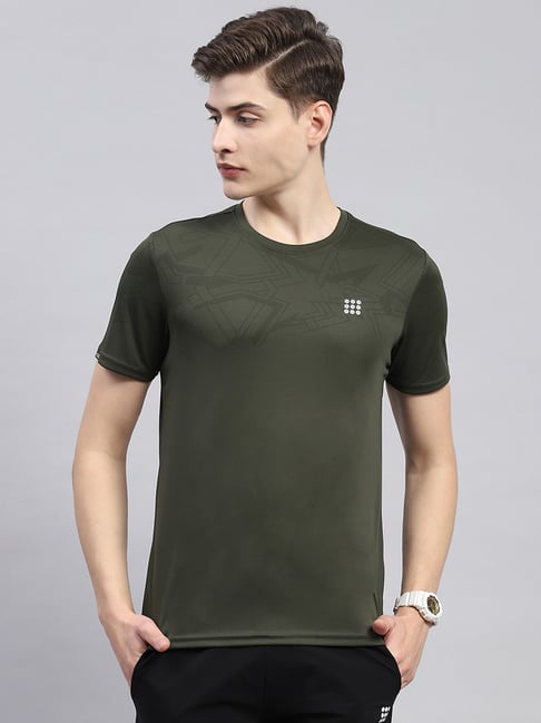 Dark Olive Regular Fit Printed Sports T-Shirt