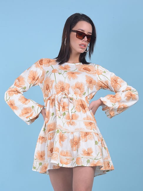 Crimsoune Club Peach White Floral Print A Line Dress