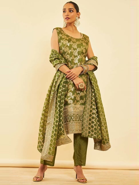 Soch Womens Green Silk Blend Brocade Patterned Suit Set With Sequins