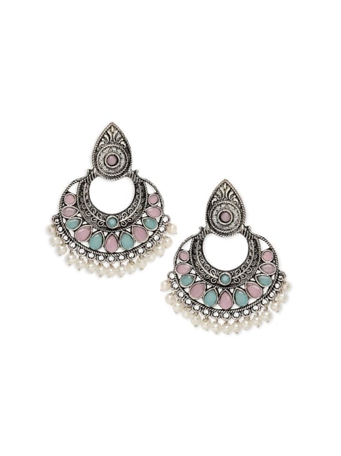 Buy OOMPH Silver Oxidized Pink Ferozi Blue Chand Bali Earrings