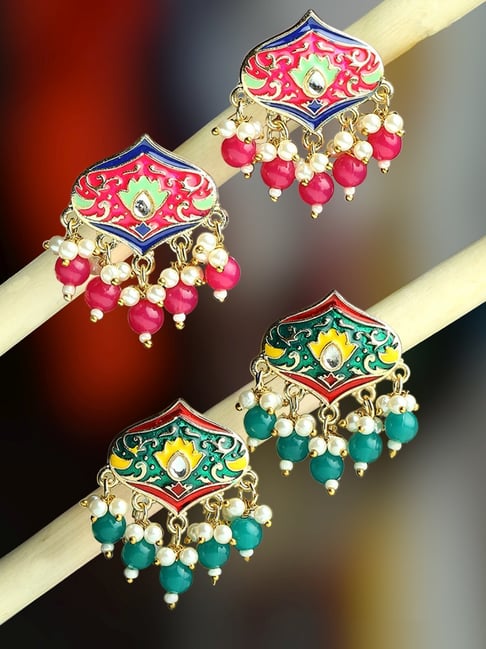 OOMPH Rani Pink Green Meenakari Ethnic Drop Earrings Set of