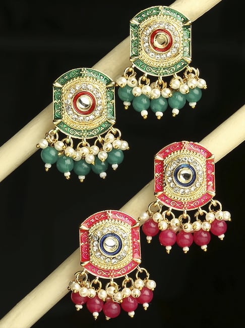 OOMPH Rani Pink & Green Meenakari Ethnic with Kundan & Pearls Drop Earrings - Set of 2-picture-15