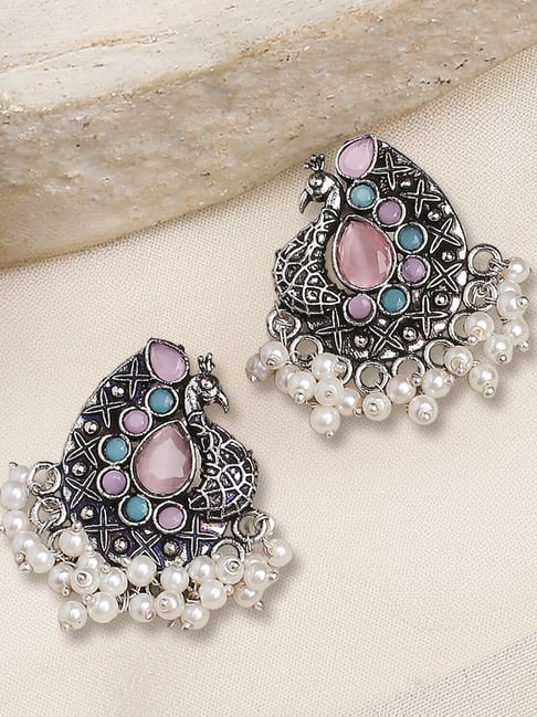 OOMPH Silver Oxidized Pink & Ferozi Blue Peacock Shape Ethnic Drop Earrings-picture-25