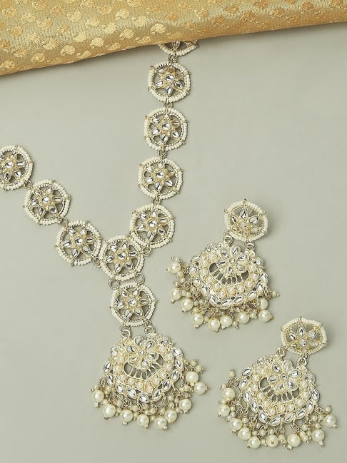 OOMPH Gold Tone Kundan Bridal Sheeshphool Set Matha Patti with Earrings