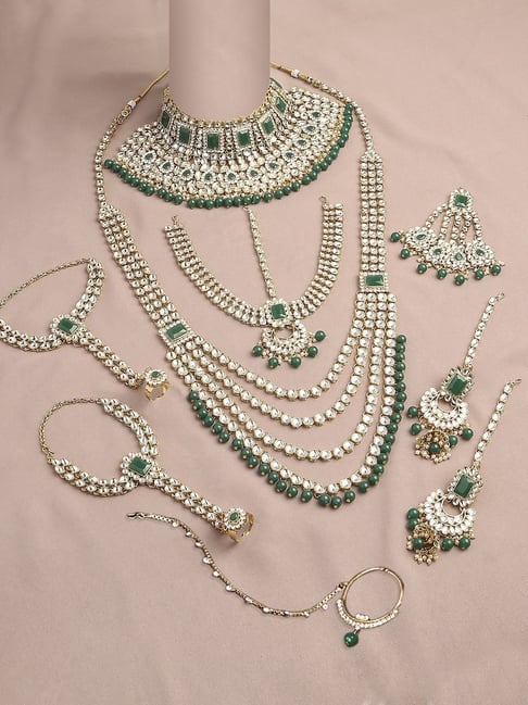 OOMPH Green Kundan Jadau Piece Dulhan Wedding Bridal Jewellery Set