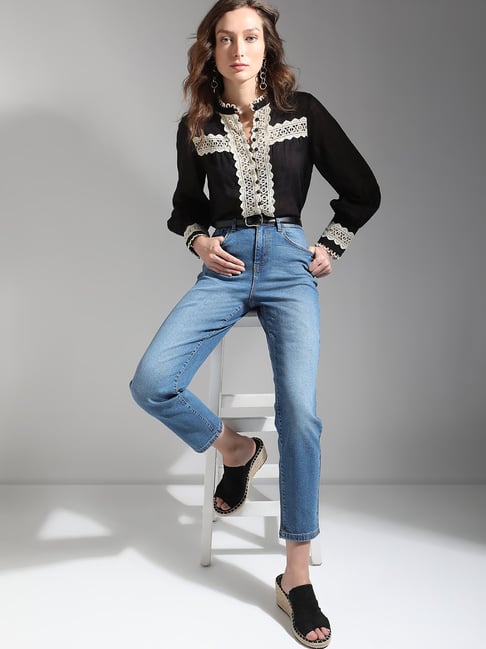 Vero Moda Blue Cotton Straight Fit Mid Rise Jeans