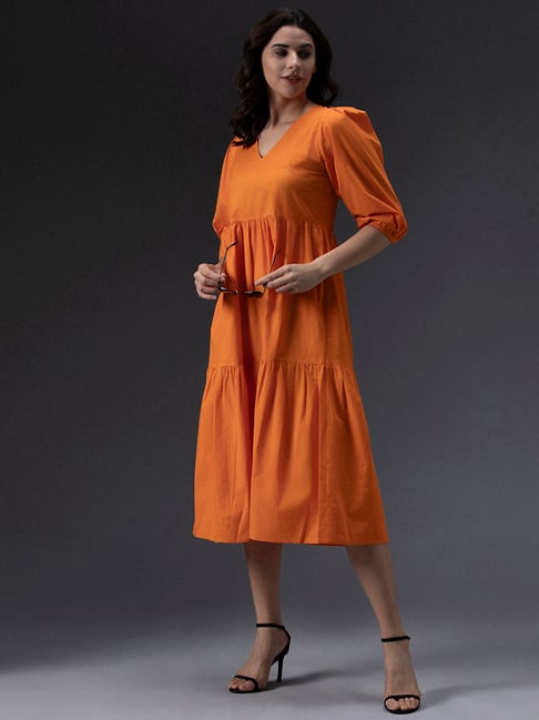 High Star Orange Cotton Regular Fit Midi Dress