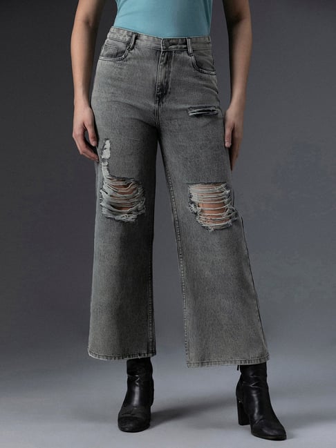 High Waist Ladies Grey Ripped Jeans Women High-Rise Slim Fit