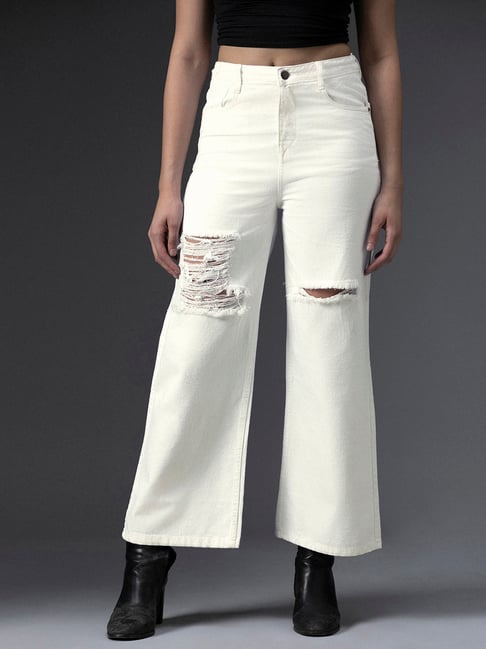 High Star White Cotton Distressed Boyfriend Fit High Rise Jeans