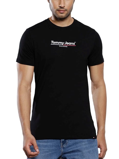 Tommy Hilfiger Black Cotton Slim Fit Logo Printed T-Shirt