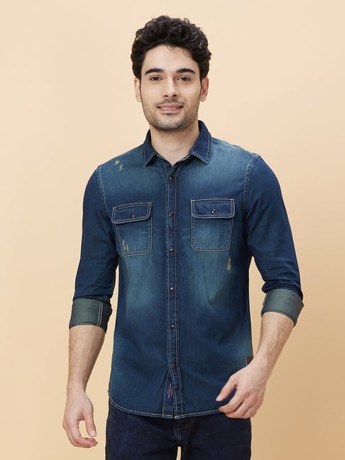 Being Human Blue Slim Fit Distressed Denim Shirts