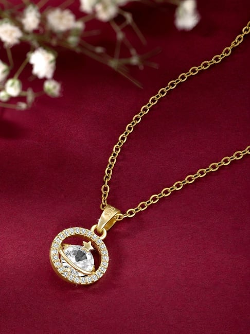 Peora Gold-Plated Cubic Zirconia Studded Round Shape Pendant Chain Necklace