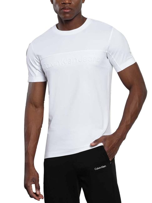 Calvin Klein Bright White Cotton Slim Fit Logo Printed T-Shirt