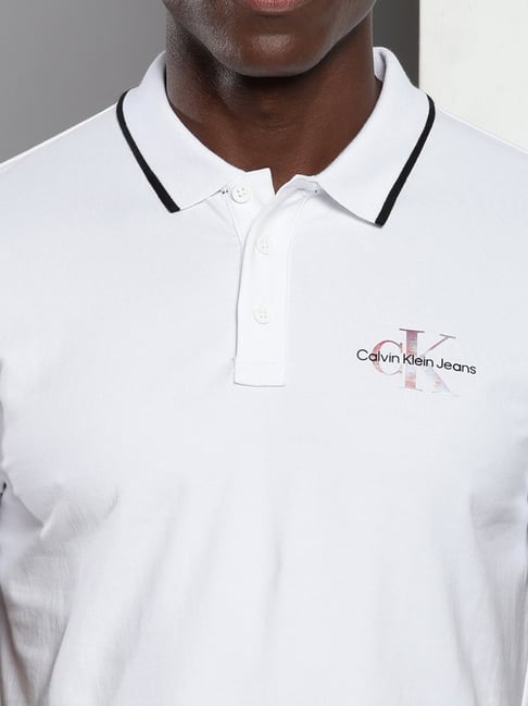 Calvin Klein Bright White Cotton Regular Fit Logo Printed Polo T-Shirt