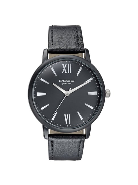 Sonata Black Leather Wrist Watch Buy Black Watches For Men By