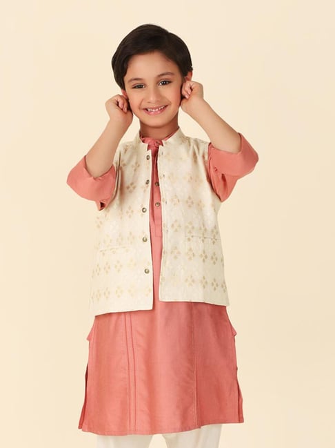 Fabindia Kids Peach & Beige Printed Full Sleeves Kurta with Nehru Jacket-picture-15