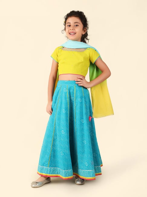 Fabindia Kids Lime Green & Blue Printed Lehenga, Crop Choli with Dupatta-image-38